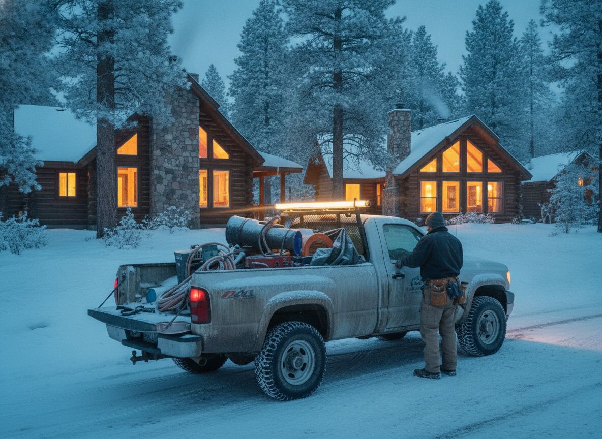 Pinetop Insulation truck and crew at a White Mountains job site in the snow