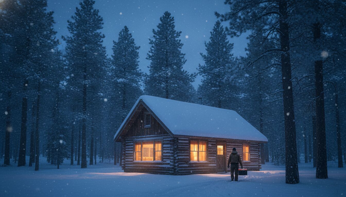 Snow-covered timber cabin at dusk in the White Mountains, AZ