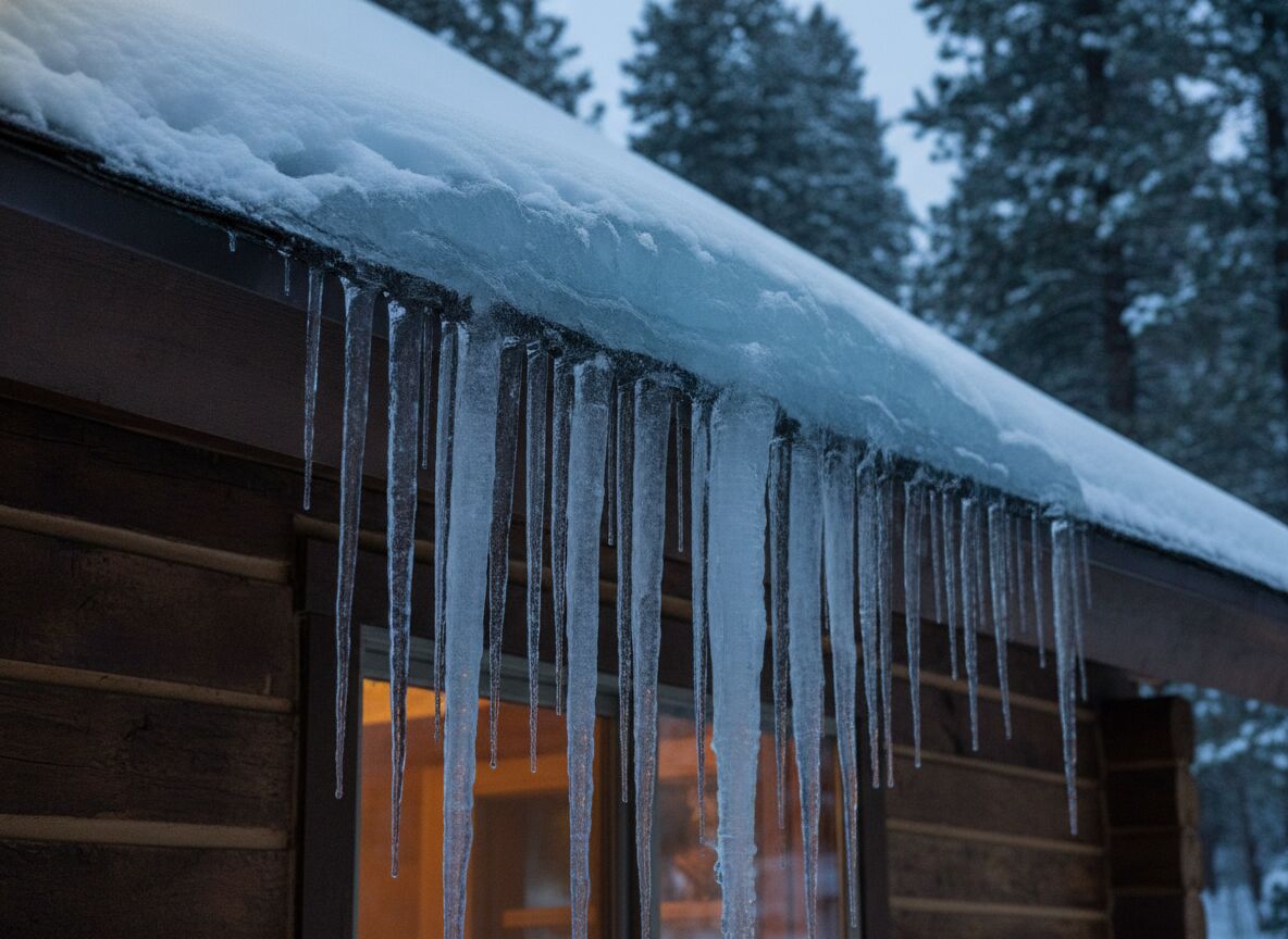 Ice dam forming on a snow-loaded roofline in the White Mountains